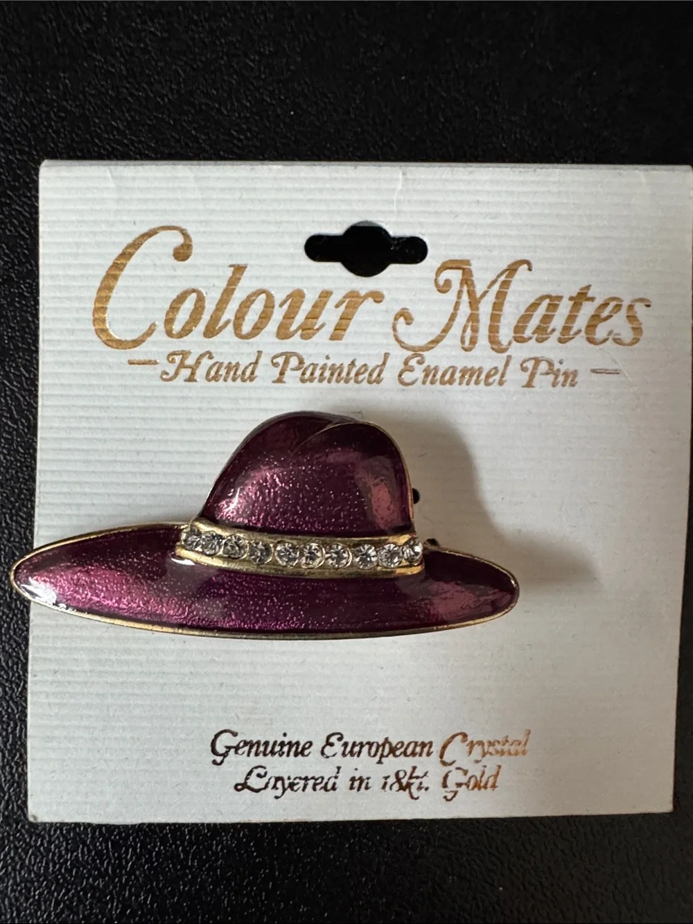 VTG Colour Mates Hand Painted Purple Hat Brooch Pin 18K Gold Plated